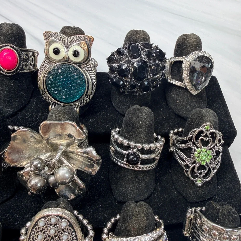 20pc Stretch Ring Lot Statement Rhinestone Cocktail Boho Fashion Jewelry Owl